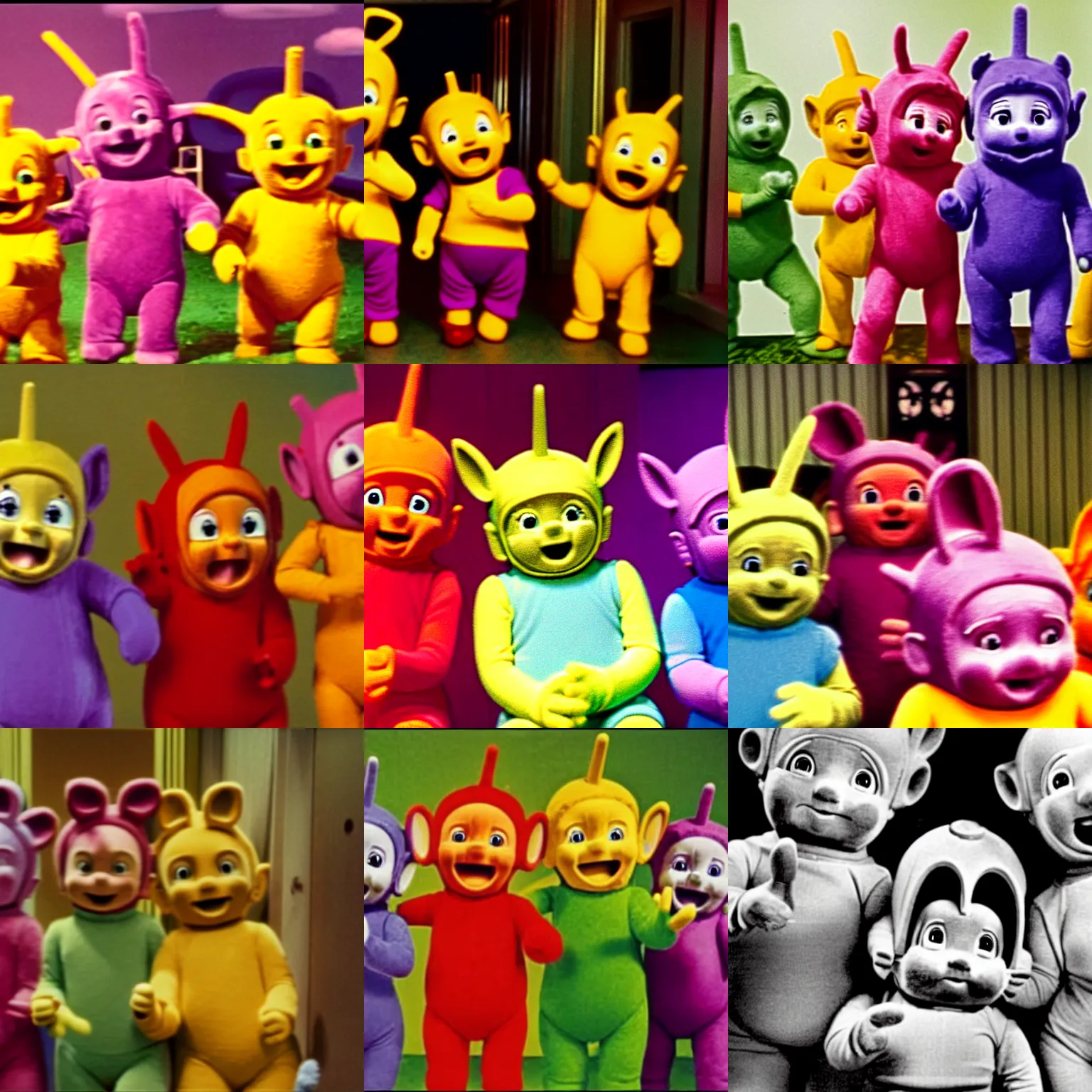 Prompt: teletubbies in the backrooms, disturbing, vhs found footage
