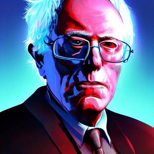 Prompt: cyberpunk bernie sanders as the leader of a futuristic communist nation, cybernetics, sharp lines, digital, artstation, colored in