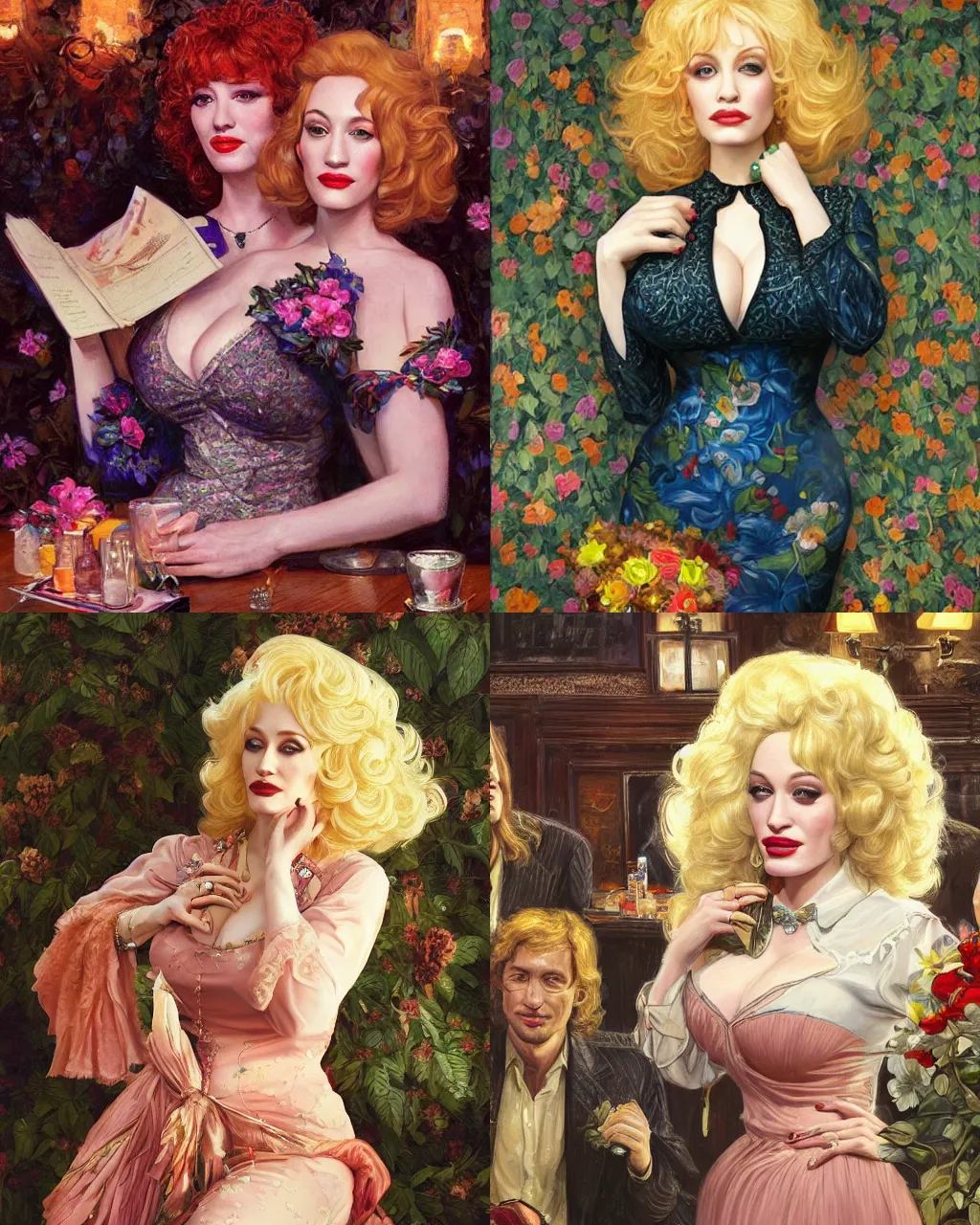 Prompt: sophisticated portrait of Christina Hendricks Dolly Parton Kat Dennings, 1960s flower power hippy, very smoky Paris bar, elegance, highly detailed, shallow depth of field, Artstation, Artgerm, Donato Giancola and Joseph Christian Leyendecker