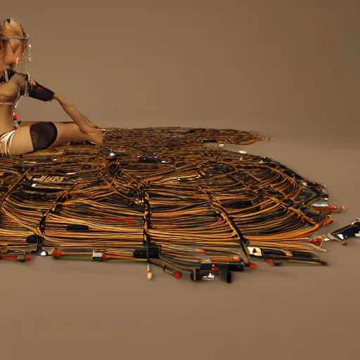 Prompt: tapping in to something greater, piles of modular synth cables, goddess laying down wearing a headpiece made of circuit boards, by cameron gray, wlop, stanley kubrick, masamune, hideki anno, unique perspective, trending on artstation, 3 d render, smooth render