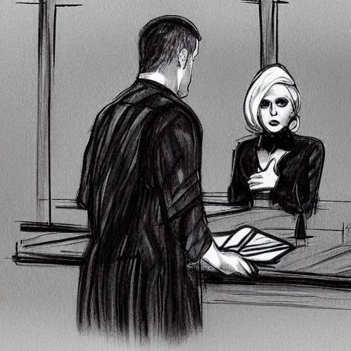 Image similar to courtroom sketch of lady gaga in the witness stand pointing at the hamburgler