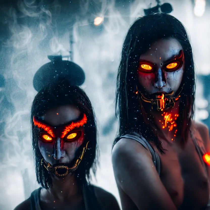 Prompt: a photo close up cyberpunk woman, wearing oni mask, fire dance in cyberpunk dirty alley, smoke mist rain, cyberpunk gunma prefecture, midnight, photorealistic, cinematic color, studio lighting, highly detailed, bokeh, style by tomino - sama