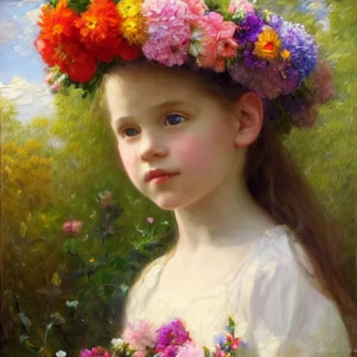 Prompt: a girl wearing a garland of flowers standing in the garden, beautiful, oil painting, artstation, soft light, highly detailed, sharp focus, colourful flowers, by sophie anderson