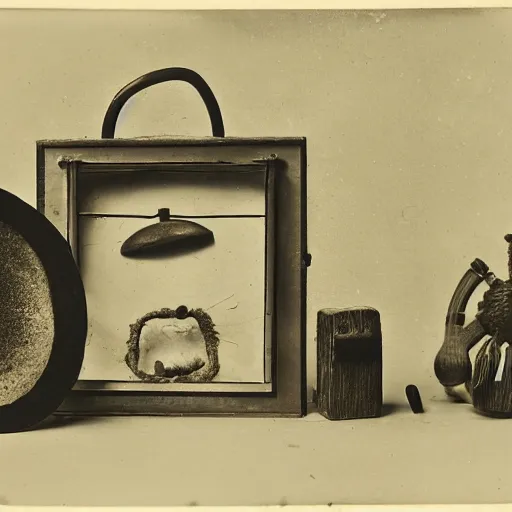 Image similar to Tintype photograph of objects displayed in an ethnographic museum, primitive display, anthropology of wonder, exotic meaning, in the style of Marcel Duchamp, found objects, ready-made, 1920s studio lighting.