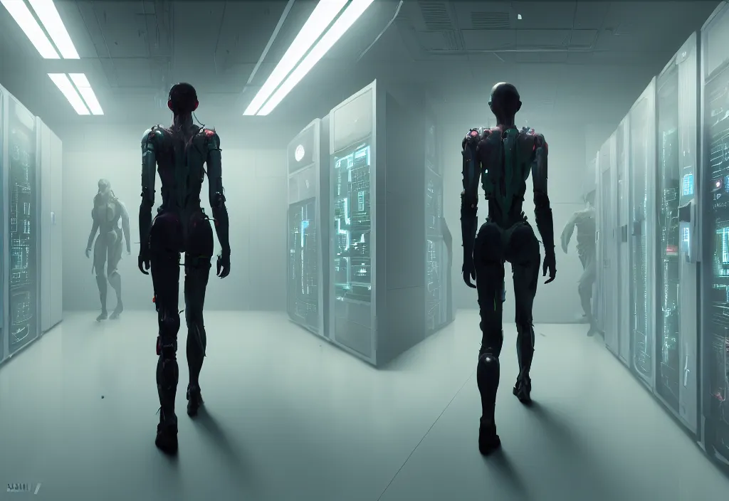 Image similar to by neil blomkamp android walking in server room in datacenter, shot by cyberpunk syle, character design, proportional body, whole body, whole figure, very realistic cinematic concept art, complementary color, realistic detailed, sharp lines, trending on artstation, volumetric lighting, octane render