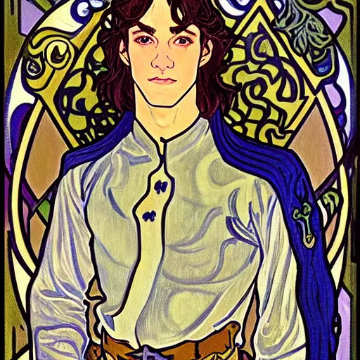 Image similar to painting of young handsome beautiful paladin elf! man with long wavy dark hair in his 2 0 s named shadow taehyung at the blueberry party, wearing armor!, elegant, clear, painting, stylized, delicate, soft facial features, art, art by alphonse mucha, vincent van gogh, egon schiele,