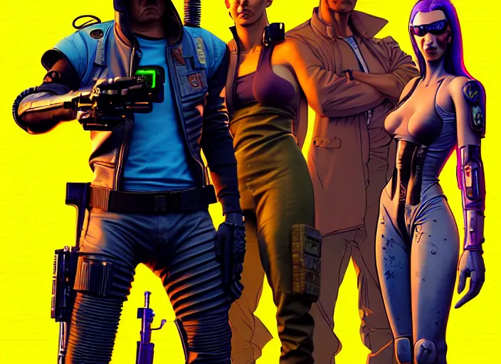 Image similar to cyberpunk bounty hunter crew. portrait by stonehouse and mœbius and will eisner and gil elvgren and pixar. character design. realistic proportions. cyberpunk 2 0 7 7 character art, blade runner 2 0 4 9 concept art. cel shading. attractive face. thick lines. the team. diverse characters. artstationhq.