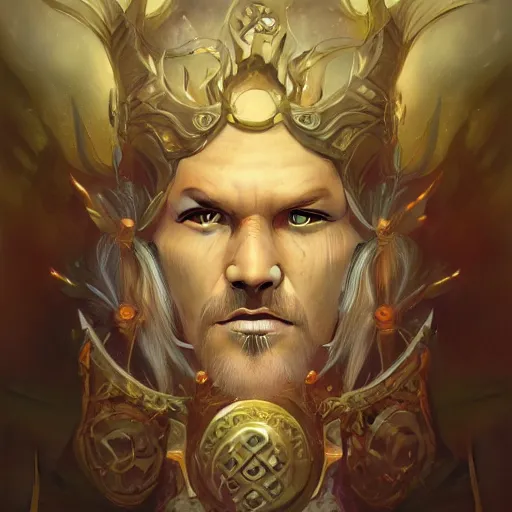 Image similar to Epic viking king, divine, symmetrical, , portrait, digital painting, Peter Mohrbacher, Alphonse Mucha, Brian Froud, Yoshitaka Amano, Kim Keever, Victo Ngai, James Jean