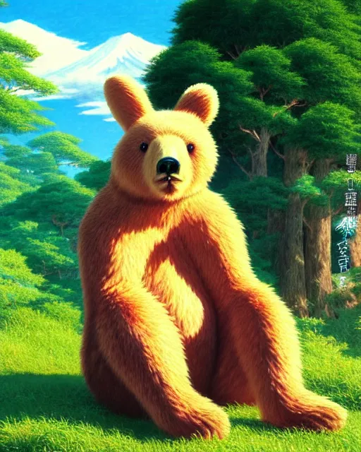 Prompt: a bear with rabbit ears, sitting in tokyo, city, sunny day, highly detailed, masterpiece, award winning, realistic, art by thomas cole and studio ghibli