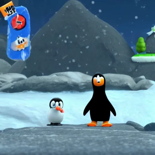 Prompt: Pingu the penguin on Super Smash bros ultimate, Nintendo switch