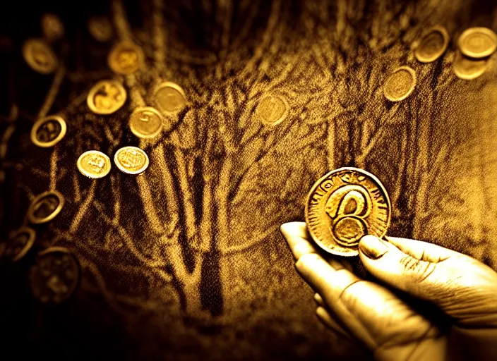 Image similar to old retro burnt out sepia photograph with scratches of an old and wrinkled hand holding a few golden coins with royal engravings. magical forest in the background with bokeh. Antique. High quality 8k. Intricate. Sony a7r iv 35mm. Award winning.