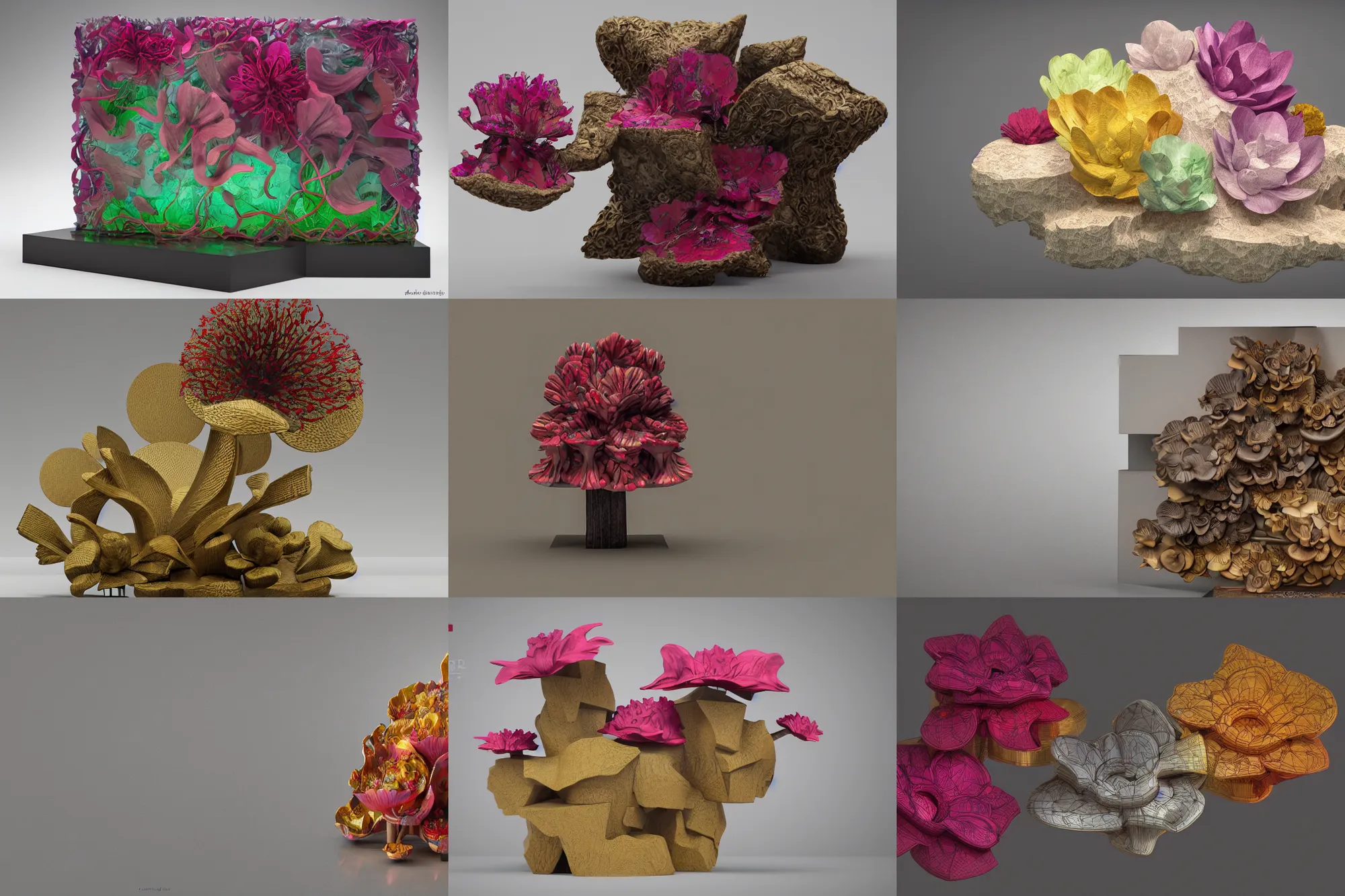 Prompt: abstract intricate 3 d model of a rectangular mixed media sculpture made of hibiscus, lotuses, connected by mushroom gills, by jennifer mccurdy, surrealistic, rectangular piece of art, museum piece, volumetric lighting, 4 k, octane render, artstation, wide angle shot, bokeh