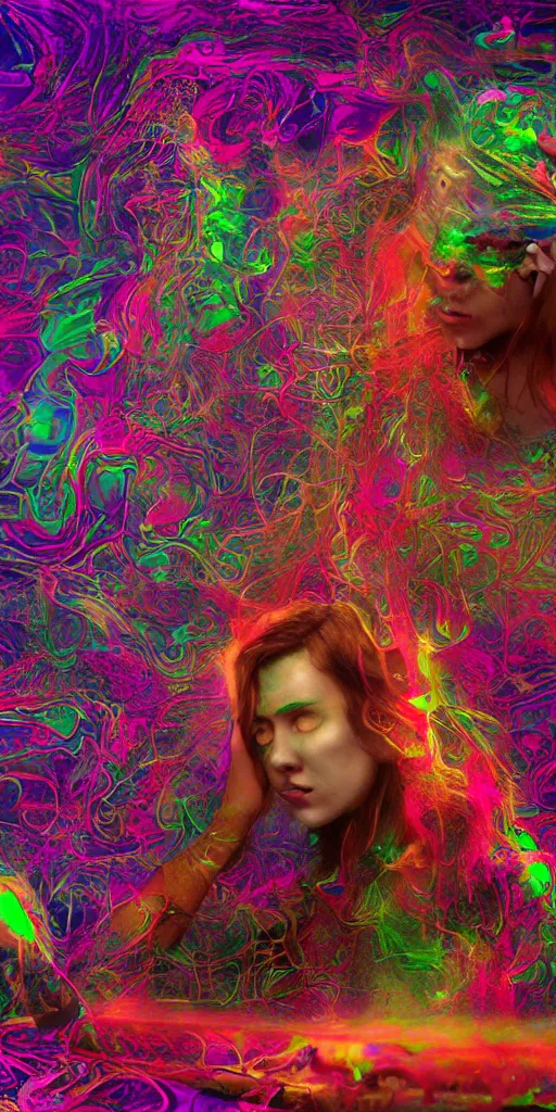 Prompt: impossibly beautiful ghost hunter in a virtual simulation, ectoplasmic whip, brain parasite, intricate complexity, horror, psychedelic glitch art, rainbow drip paint, trending on art station, photoreal, 8k, octane render