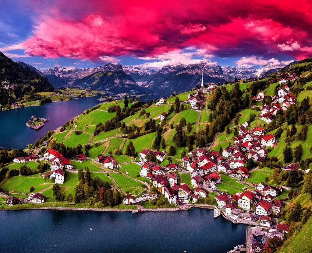 Prompt: Beautiful switzerland with red clouds