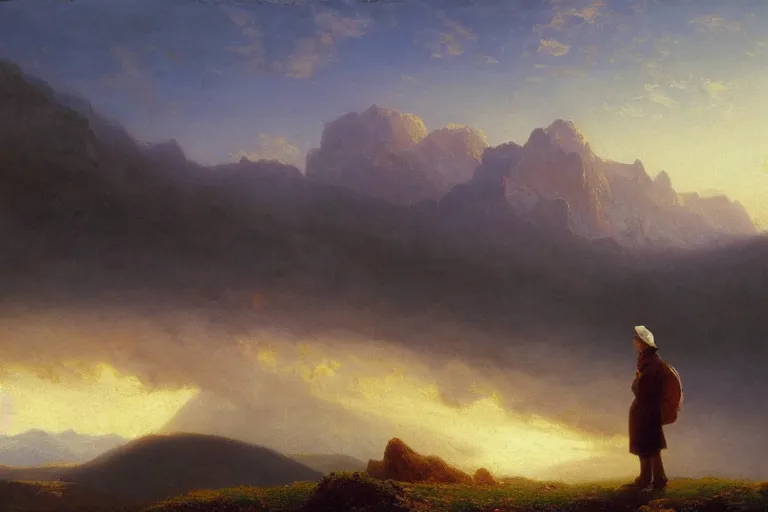 Image similar to a traveler wandering trough the mountains looking at the clouds, very detailed, oil painting, cinematic lighting, albert bierstadt, trending on artstation, colorful, canvas, sunset, theodor kittelsen, hans dahl