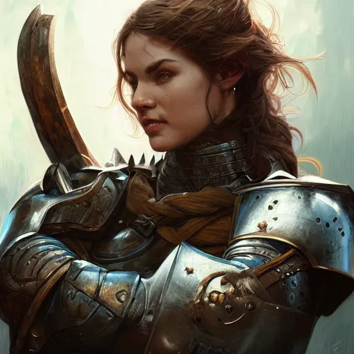 Image similar to portrait of a rugged female as a bruised knight with a shield and heavy armor, fantasy, intricate, headshot, highly detailed, digital painting, artstation, concept art, sharp focus, cinematic lighting, illustration, art by artgerm and greg rutkowski, alphonse mucha, cgsociety