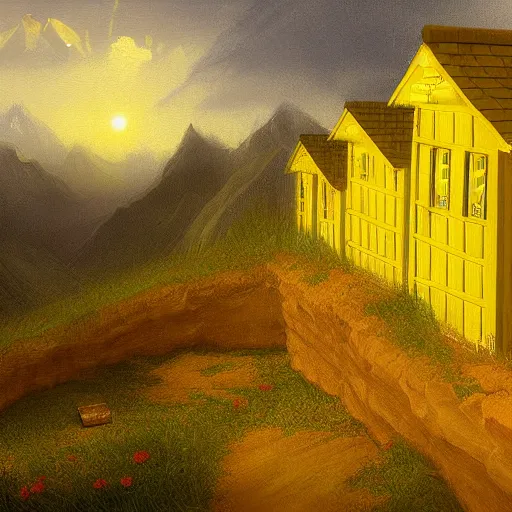 Prompt: a mountain full of many little yellow houses, digital art, trending on artstation, HDR, by Albert Bierstadt