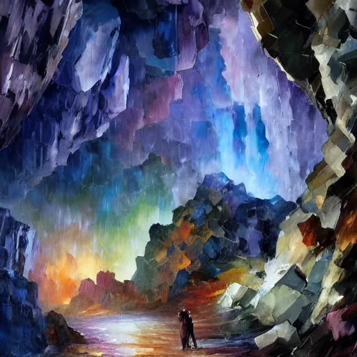 Image similar to A huge cave full of rainbow color crystals and gems on the ground, and stuck to the walls made of huge grey boulders, very dark, midnight, oil painting by Afremov and Greg Rutkowski.