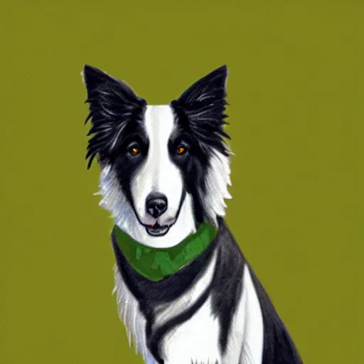 Prompt: illustration of a black and white border collie wearing a green bandana on its neck, digital art, DeviantArt