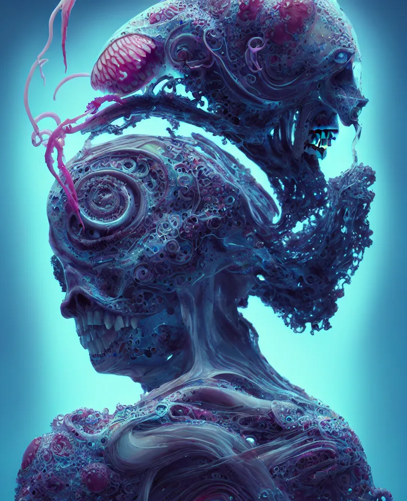 Image similar to hooded goddess close - up portrait hooded human skull, ram skull, squid phoenix jellyfish, orchid, betta fish, bioluminiscent, intricate artwork by tooth wu and wlop and beeple. octane render, trending on artstation, greg rutkowski very coherent symmetrical artwork. cinematic, hyper realism, high detail, octane render, 8 k