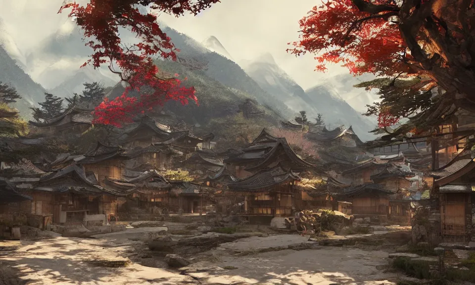 Image similar to Japanese village in the mountains, Greg Rutkowski, ArtStation, CGSociety, Unreal Engine