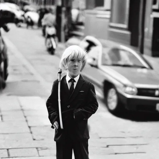 Image similar to street photo of young donald trump, black and white, by gilbert weingourt