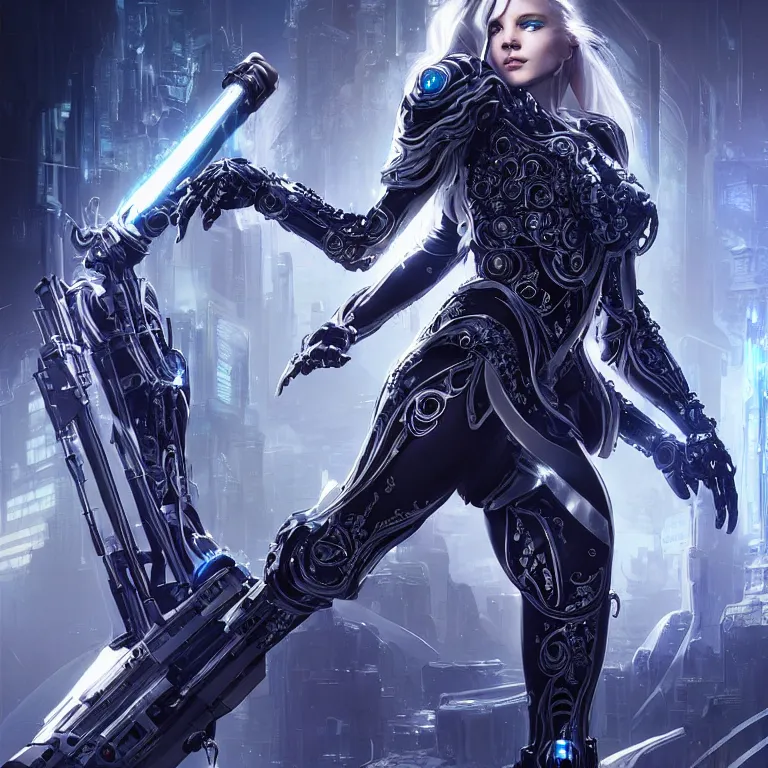 Prompt: beautiful cinematic fantasy poster, a beautiful cyberpunk cyborg with an ornate black and silver sci-fi rifle, brilliant silver flowing hair, beautiful blue glowing galaxy eyes, wideshot ultrawide angle epic scale, hybrid from The Elden Ring and art direction by Darius Zawadzki ;by artgerm; wayne reynolds art station; cinematic quality character render; low angle; ultra high quality model; production quality cinema model;