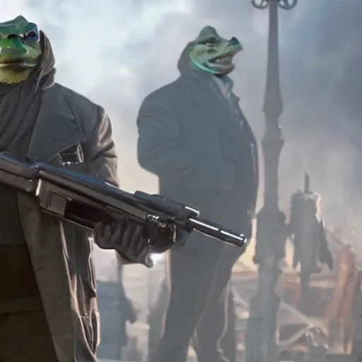 Prompt: a badass photo of frog mafia boss holding gun in marvel movie. nuri iyem, james gurney, james jean, greg rutkowski, anato finnstark, 1 6 mm