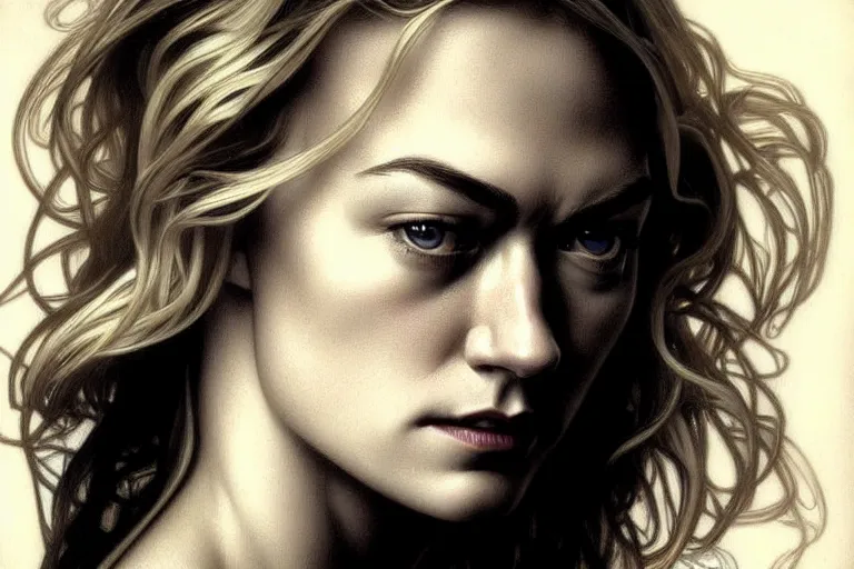 Image similar to hyperrealist pencil portrait sketch of yvonne strahovski by david malan and alphonse mucha, fantasy art, drawing, dynamic lighting, artstation, poster, volumetric lighting, very detailed faces, 4 k, award winning