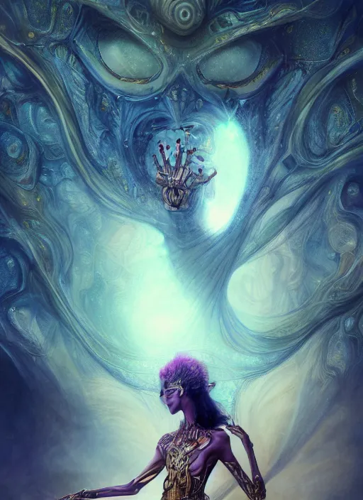 Image similar to epic portrait of menacing, agitated, anxious yet stunningly beautiful biomechanical djinn overseeing the iridescent fabric of the universe, by charlie bowater, mandy jurgens, gustav klimt, octane render, dramatic camera angle, 4k, 8k, high detail, HDR, by tom bagshaw, powerful, with inspiration from Beksinski, inspired by greek goddess Athena