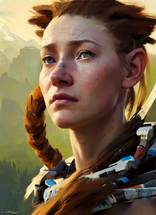 Image similar to portrait of a caucasian Aloy from Horizon Zero Dawn in the style of Apex Legends practicing, countryside, calm, fantasy character portrait, dynamic pose, above view, sunny day, clouds in the sky, artwork by Jeremy Lipkin and Giuseppe Dangelico Pino and Michael Garmash and Rob Rey and Greg Manchess, very coherent asymmetrical artwork, sharp edges, perfect face, simple form, 100mm