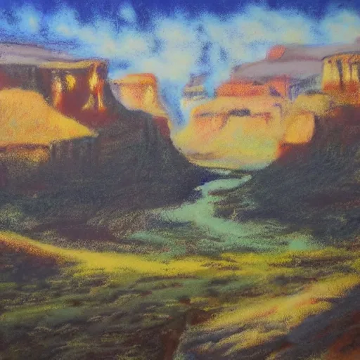 Prompt: landscape meadow flowing into grand canyon, pastel artwork