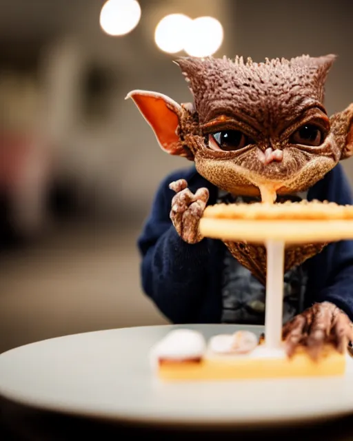 Image similar to high quality presentation photo of a cute gremlin eating a cake, photography 4k, f1.8 anamorphic, bokeh, 4k, Canon, Nikon