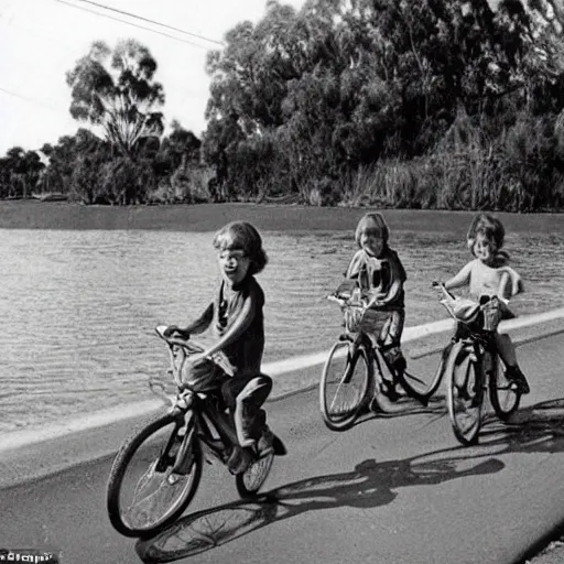 Prompt: realistic photograph from the 1980's of kids riding bikes in Australia near a river carrying a stamp collection with a speech bubble saying yeeeee!