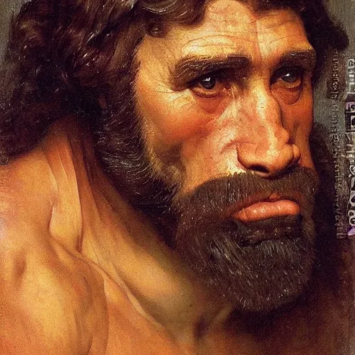 Prompt: portrait of an ancient human species neanderthal muscular hairy man, by bouguereau, norman rockwell