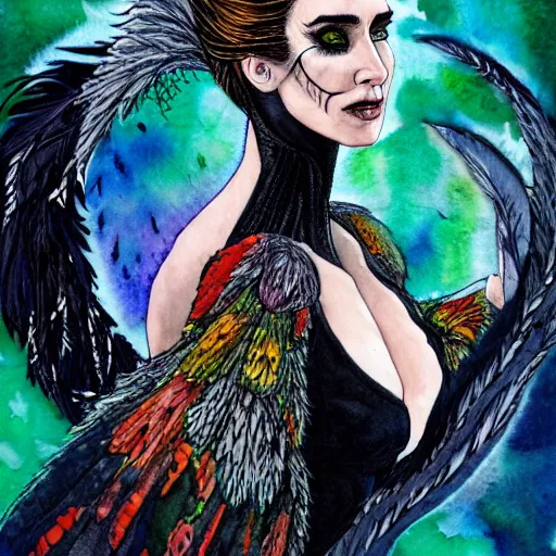 Prompt: detailed colorful watercolor of jennifer connelly as odile the black swan, disney villain, black feathers instead of hair, black feathers growing out of skin, shapeshifting, black feathers growing out of face, floating in zero gravity on spacecraft, science fiction, highly detailed, david mack, trending on artstation