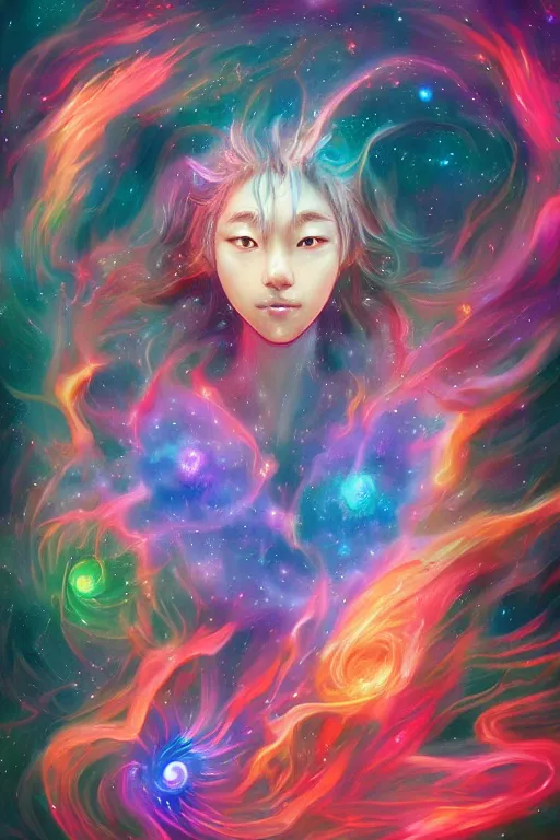 Image similar to god of the universe, korean mythology, galaxies and nebula flowing out of his body, artgerm, psychedelic floral planets, studio ghibli painterly style, trending on artstation