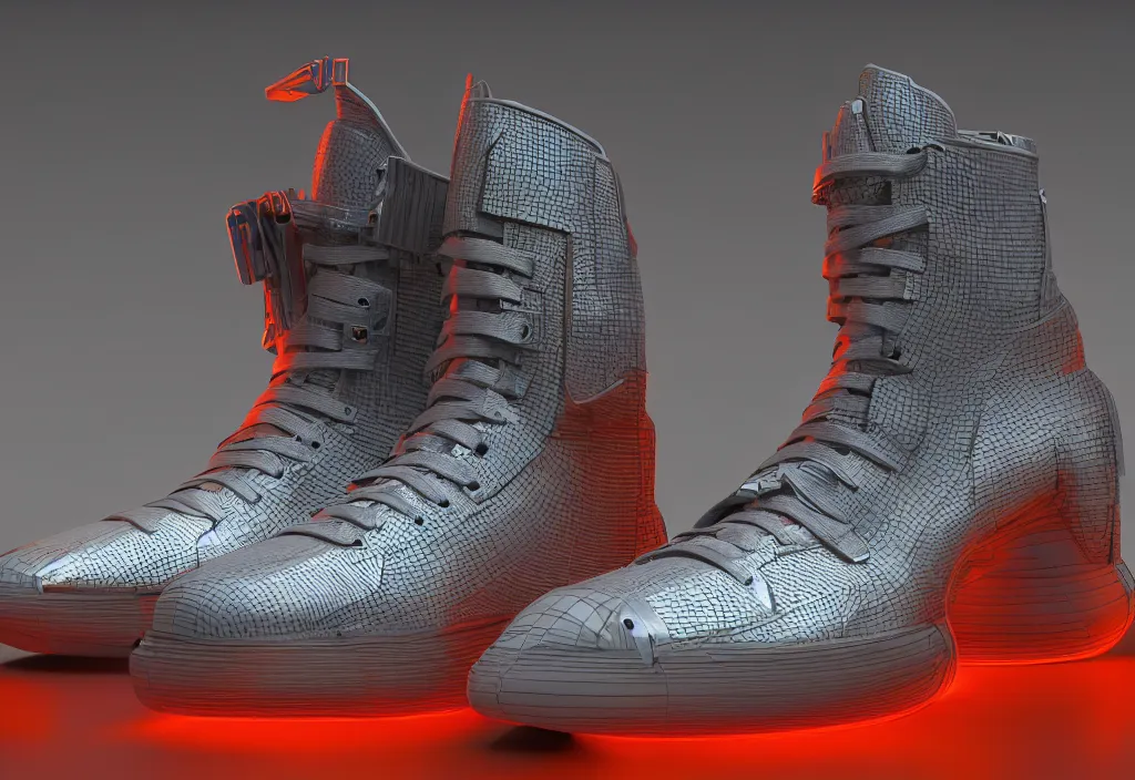 Prompt: one futuristic high - top sneaker with neon illuminated rubber soles on a grey surface, soft orange laces, clean 3 d render, beautiful studio lighting, soft, sharp focus, cyberpunk, intricate detail, gold and red filigree, soft rubber, octane render, trending on artstation, deviantart, art by iris van herpen and syd mead and android jones