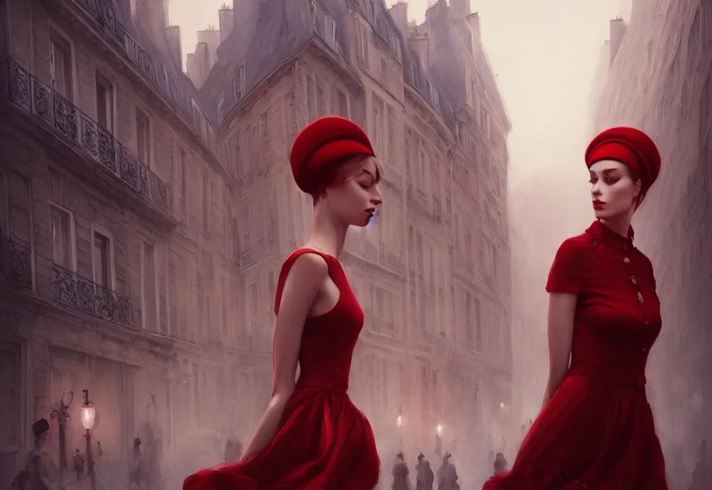 Image similar to berets of paris by charlie bowater and anna dittmann and artgerm and clemens ascher, intricate, elegant, red and beige mist, highly detailed, dramatic lighting, sharp focus, octane render, trending on artstation, artstationhd, artstationhq, unreal engine, 4 k, 8 k