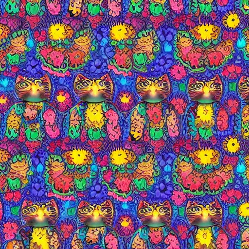 Image similar to louis wain fractal cats, mandelbrot cat, floral cat, cat made of flowers, vivid colors, detailed painting