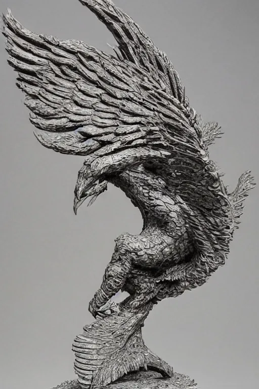 Image similar to hyperdetailed brutalist sculpture of a phoenix by berto lardera illustrated by alan lee