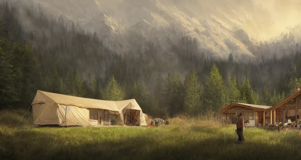 Image similar to cabela's beautiful comfortable modular insulated wall kit - house all weather family dwelling tent house, person in foreground, mountainous forested wilderness open fields, beautiful views, painterly concept art, joanna gaines, environmental concept art, farmhouse, magnolia, concept art illustration, by james gurney, by craig mullins, by greg rutkowski trending on artstation