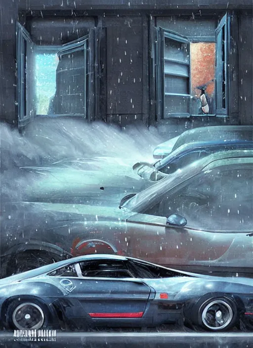 Prompt: raindrops turning into cars racing down a windows painting by artgerm and greg rutkowski and magali villanueve.