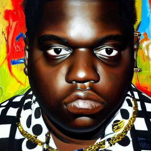 Image similar to a hyper realistic painting of biggie smalls, art by basquiat, intricate, ultra detailed, photorealistic, black and gold colors, dark background trending on artstation