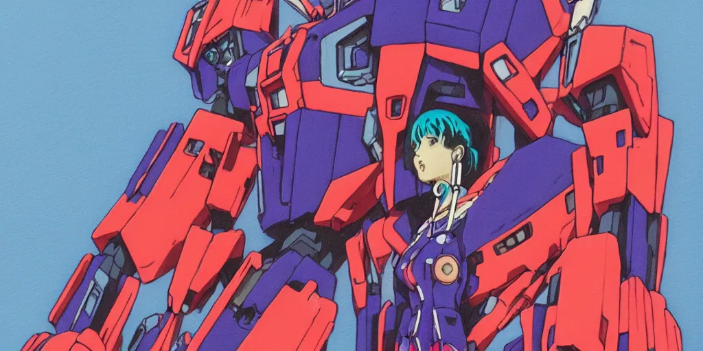 Image similar to risograph grainy painting of gigantic huge evangelion - like gundam mech face, with huge earrings and rings around head with a lot of details, covered with rich jewelry, blue hour, twilight, by moebius and dirk dzimirsky and satisho kon, close - up wide portrait