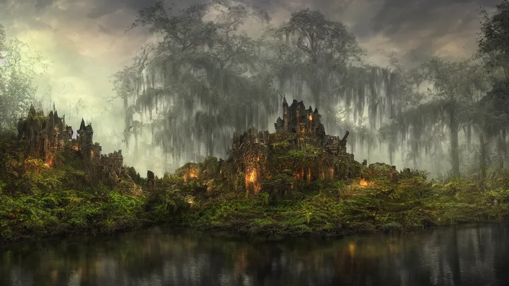 Prompt: swamp castle on crannog dense forests, game of thrones, volumetric lighting, fantasy artwork, very beautiful scenery, very realistic painting effect, hd, hdr, cinematic 4 k wallpaper, 8 k, ultra detailed, high resolution, artstation