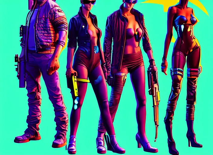 Image similar to cyberpunk hitmen. portrait by stonehouse and mœbius and will eisner and gil elvgren and pixar. character design. realistic proportions. cyberpunk 2 0 7 7 character art, blade runner 2 0 4 9 concept art. cel shading. attractive face. thick lines. the team. diverse characters. artstationhq.