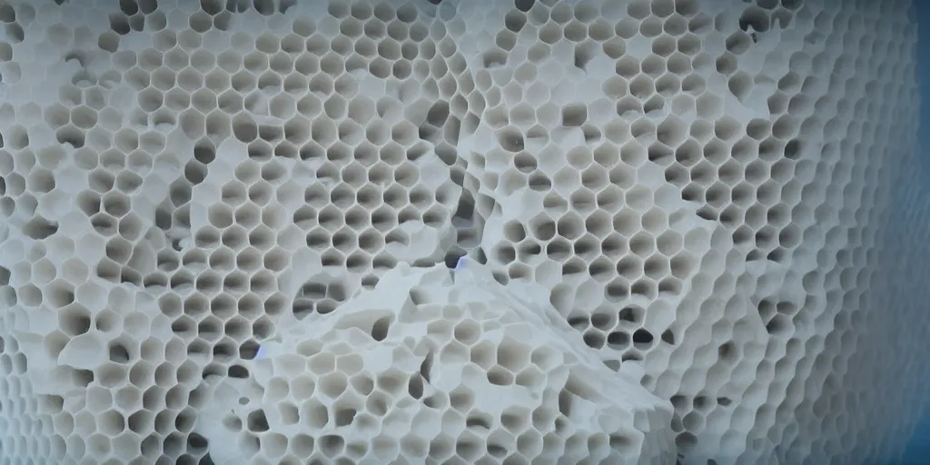 Prompt: a strange huge honeycomb asymmetric melting vases in the white room, film still from the movie directed by denis villeneuve with art direction by zdzisław beksinski, close up, telephoto lens, shallow depth of field