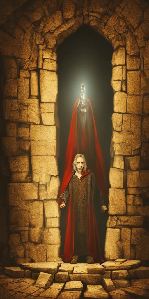 Image similar to a wizard in a cloak standing in front of an ancient portal to wisdom, tall door, high ceiling, magic light, light beam, cinematic atmosphere, high definition, ultra detailed