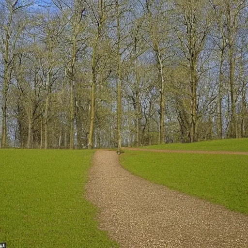 Image similar to at the dam there was a field, with a path running through it, and the sky was a pale blue with no clouds, and the trees stood silent in their verdure